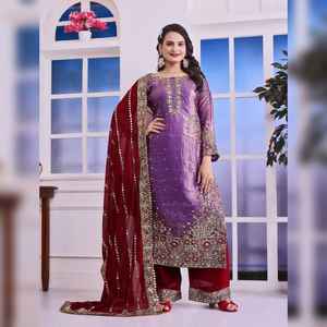 ชุดสلوار คามีซ ผ้าจอร์เจียต์เทียมเนื้อหนา ประดับมุก งานปักแบบดั้งเดิม พร้อมผ้าคลุมไหล่ ปักเลื่อม งานหนัก แห้งเร็ว เหมาะสำหรับงานแต่งงาน - Product Image 1