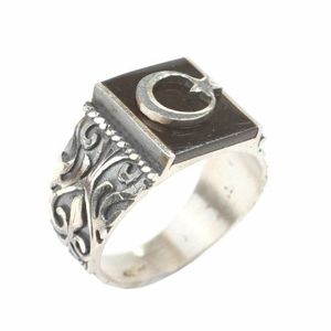 925 Sterling Silver Men's <b>Ring</b> Square Onyx Crescent <b>Moon</b> Star Bezel Setting Rhodium for Everyday Wear Gifts for Muslims - Product Image 1