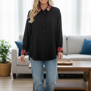 เสื้อเชิ้ตผู้หญิงแขนยาวผ้าฝ้ายลำลองแฟชั่นสุดฮิต ปกพับได้ 2 สี ดีไซน์ต่อผ้า เหมาะสำหรับงานปาร์ตี้ คุณภาพเยี่ยม - Product Image 4