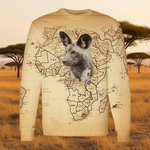 Camiseta de manga larga con diseño de perro salvaje africano en primer plano sobre mapa de África vintage con temática de safari - Product Image 3