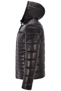 Manteau motard noir à capuchon en cuir d'agneau véritable pour homme, entièrement matelassé - Product Image 4