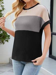 T-shirts à col rond à manches courtes respectueux de l'environnement pour femmes respirant bloc de couleur rayure printemps été décontracté Logo Jersey T-Shirts - Product Image 3