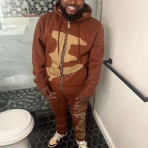 Custom 100% Cotton Jogger Tracksuit Men <b>Patch</b> Embroidery Zip Up Satin Lined Hoodie And Sweatpants Sets For Unisex - Product Image 3