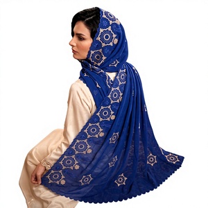 Wholesale Gold Floral Cotton Voile Dubai Style Islamic Shawl Embroidery Rhinestone Lightweight Breathable Soft Hijab Daily Wear - Product Image 2