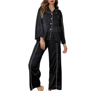 Ensemble de pyjama 2 pièces en soie/polyester décontracté pour femmes avec haut boutonné et pantalon long respirant et écologique - Product Image 1