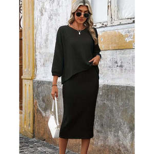 Ensemble deux pièces pour femme, chemisier et jupe en tissu brossé à manches longues et col rond, 30049 - Noir - Product Image 6