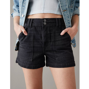 Pantalones vaqueros de cintura Sexy para mujer al por mayor de última moda de Color negro para pantalones cortos de mezclilla con dobladillo liso de doble botón de algodón para mujer - Product Image 3