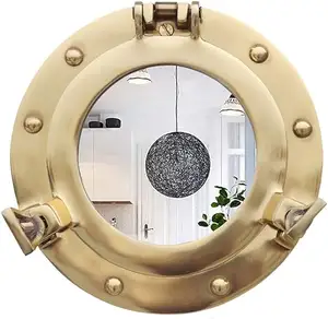 Cermin Porthole dekorasi bahari 8 inci cermin dinding kuningan dipoles untuk Dekor rumah dinding bajak laut dekorasi jendela Porthole maritim Wal