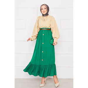 Emerald Green Chiffon Hijab <b>Skirt</b> with <b>Elastic</b> Waist and Button Detail Plain Dyed Adjustable Feature - Product Image 1