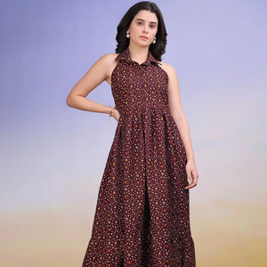 Robe imprimée en coton mélangé à col chemise et évasée sans manches pour femmes - Product Image 1