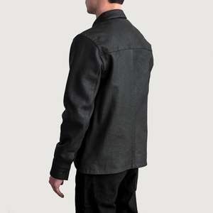 <b>Men's</b> Semi-Aniline Tumbled <b>Black</b> Sheepskin Leather Turn-down Collar Chest Pocket Shacket - Product Image 6