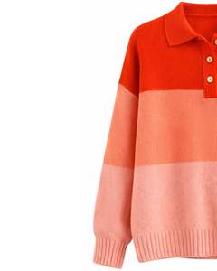 Suéter de Punto con Cuello Polo para Mujer, Color Naranja Melocotón, Bloques de Color, Bordado Floral, Jersey de Manga Larga, Top de Invierno, Personalizado, OEM, Venta al por Mayor - Product Image 3