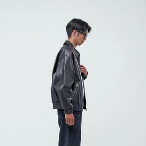 Chaqueta Bomber de Cuero PU para Hombre FILLIP J, Cuello Camisero, Cierre de Cremallera, Manga Regular, Color Sólido, Estilo Otoñal - Product Image 4