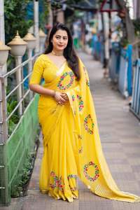 ผ้าซารีอินเดียเนื้อจอร์เจตต์นุ่มพิเศษสำหรับผู้หญิง พร้อมขอบผ้าปัลลูทอลายดิ้นซารี  ปักดิ้นหลากสี  ประดับพู่ห้อย  มีสินค้าพร้อมส่ง - Product Image 5