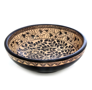 Bol de service décoratif artistique en bois avec motif de lignes blanches et reflets dorés pour manger - Product Image 3