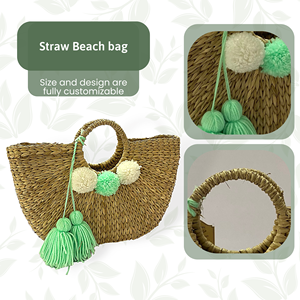 Vente chaude bohème Vintage jacinthe fourre-tout été raphia paille sac de plage ouvert à la mode pompon détail automne vente en gros Vietnam - Product Image 2