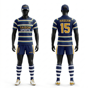 Tenue de rugby pour hommes en polyester interlock respirant de qualité supérieure, motif rayé bleu marine, or et blanc, avec logo personnalisé par sublimation, kit de match pour équipe - Product Image 6