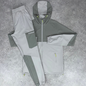Ensemble de survêtement pour homme aux couleurs contrastées, vert et gris, jogging, sweat à capuche zippé, softshell, vêtements de sport, entraînement en salle de sport, devant - Product Image 4