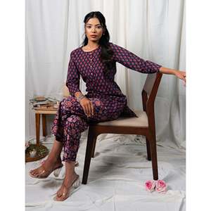 Conjunto coordinado de algodón estampado a mano en azul, Salwar Kameez Butti con diseño único dibujado a mano - Product Image 3