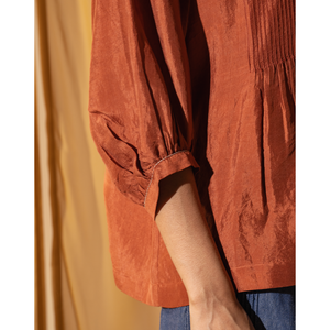 ANISHA Formal Blouse-Rust Silk Pintuck Detail Floral Solid Chiffon Linen Knitted Available XL 4XL for Office Wear Spring Autumn - Product Image 3