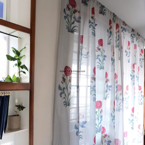 Floral Hand Block Printed Cotton Sheer Tailored Pleat Window <b>Curtain</b> Drapes Balcony Bedroom Valance Treatment Full <b>Light</b> Shading - Product Image 5