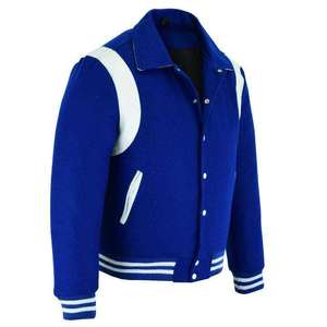 Veste universitaire à col montant avec bande en cuir blanc, veste de baseball classique bleue chauffée pour l'hiver pour hommes - Product Image 4