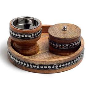 Mubkhara en bois peint de luxe avec bol en métal et récipient en verre, brûleur d'encens, brûleur d'oud, ensemble de plateaux pour la décoration de la maison - Product Image 5