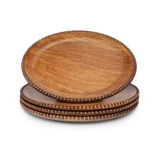 Lot de quatre assiettes rondes décoratives en bois brun avec bordure perlée, vaisselle rustique en bois, prix de gros - Product Image 2