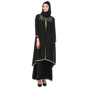 Abaya Negra Bordada en Nida y Georgette AY-707, Doble Capa, Silueta Recta, Largo hasta el Suelo, Asimétrica, en Tela de Chifón - Product Image 3