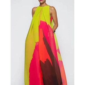 Abito Estivo da Donna Senza Maniche Multicolore con Scollo Tondo Non Elasticizzato Silhouette Ampia Copricostume da Spiaggia 50% Dacron 50% Cotone - Product Image 4