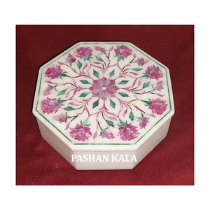 Handmade <b>Floral</b> Design White Marble Inlay Jewelry <b>Box</b> Octagonal Shape With Glossy Surface Used For Necklace Packing And Gifting - Product Image 1