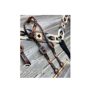 Bir kulak Headstall ve eşleşen meme yaka el-100% tiftik at Conchos Headstall seti ile bağlı - Product Image 2