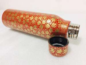 Red Base Copper <b>Water</b> <b>Bottle</b> <b>with</b> Golden Leaves Print Stylish Eco Friendly Ayurvedic Health <b>Bottle</b> <b>for</b> Daily Use Travel Gift - Product Image 2
