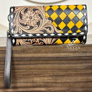 Luxury Handcrafted Tooled Leather Checkered Pattern Long Wallet Western Floral Design Genuine Leather Women <b>Coin</b> Purse Clutch - Product Image 1