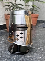 Casque de Chevalier Templier Moderne avec Croix en Laiton |   Décoration de casque en acier plaqué argent de calibre 18, fabriquée à la main