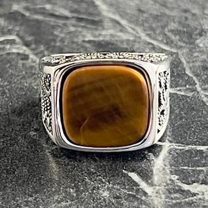 Anillo de Plata de Ley 925 Vintage para Hombre, Estilo Floral, Joyería Turca Hecha a Mano, Gema de Ojo de Tigre Marrón, Engaste en Bisel, Corte Cuadrado - Product Image 2