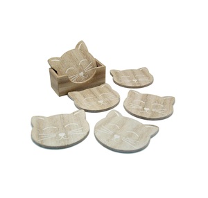 Hot Selling Handmade Wooden Coasters with Holder Wood <b>Cat</b> Design Drink <b>Mat</b> & Pads for Housewarming Gift - Product Image 2