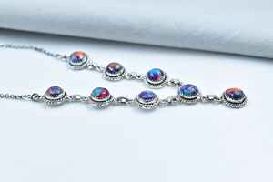 Handmade <b>Boho</b> Statement <b>Necklace</b> 18 Inch Adjustable Chain Pink Dahlia Turquoise Sterling Silver Lariat Rhodium Plated Jewelry - Product Image 4