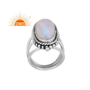 Anillo de cabujón ovalado de piedras preciosas de piedra lunar arcoíris Natural de Plata de Ley 925 oxidada para mujer Fuego Azul - Product Image 1