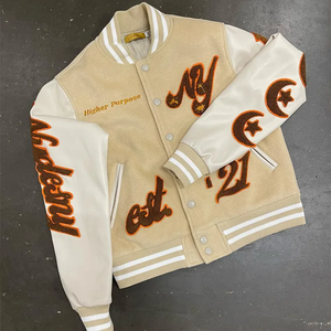 Veste universitaire pour homme sur mesure, bleu ciel, style streetwear, bomber, veste de baseball brodée, manches blanches, col montant, en peau de mouton - Product Image 5