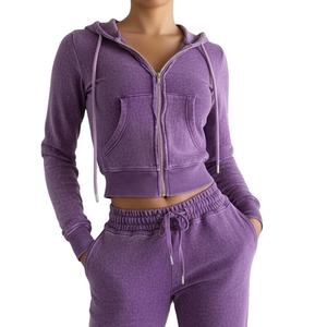 Vente en gros de sweat-shirt à capuche court à manches longues en denim délavé d'hiver avec cordon de serrage Pantalon personnalisé avec logo Femme Streetwear décontracté haut court pour femme 2026 - Product Image 3