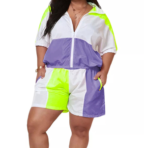 2025 verano Mujer 2 piezas conjunto corto cortavientos de alta calidad con cremallera de gran tamaño recortada superior de talla grande patrón sólido - Product Image 5