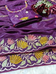 Sari de seda georgette brillante y suave para mujer, con pedrería, estilo occidental, borde con corte elegante, para fiestas de invierno, moda india. - Product Image 5