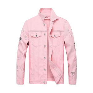 Men's Pink <b>Denim</b> <b>Jacket</b> Stand Collar Ripped Washed Casual Spring Style Regular Fit Single Breasted Frayed Details OEM Service - Product Image 1