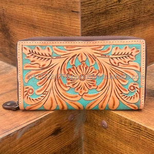 Elegante billetera turquesa para mujer con tallado a mano forro de cuero genuino lindo multiuso funda de teléfono embrague para damas - Product Image 2