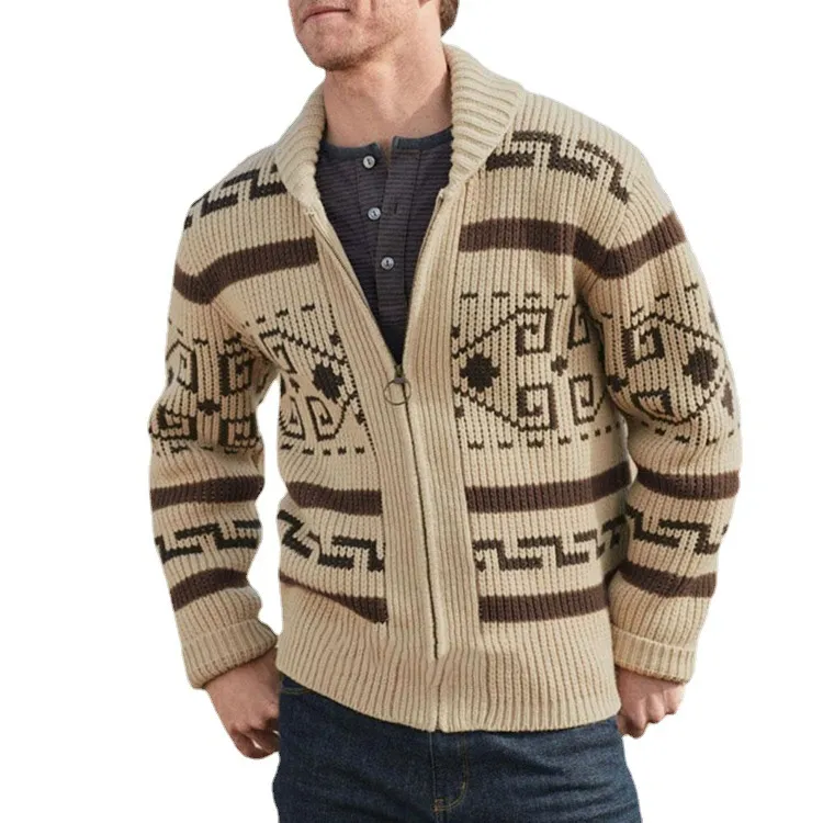 Dernier modèle Cardigan à fermeture éclair pour hommes avec logo personnalisé Pull-over pour hommes Vêtements d'hiver Cardigan en tricot jacquard de grande taille Chandails pour hommes