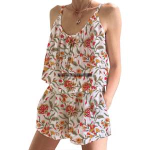 Ensemble de pyjama en coton imprimé à la main, short, pyjama de nuit, Kurti, printemps/été, floral, ajusté, bretelles fines, sans manches - Product Image 2