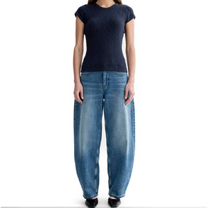 Último verano acogedor Top de punto acanalado para mujer 100% algodón Casual cuello redondo azul marino manga corta Slim Fit camiseta - Product Image 6