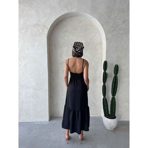 Vestido Casual al por Mayor Topshow, Diseño Largo de Lino Negro con Tirantes y Cuello en V - Product Image 1