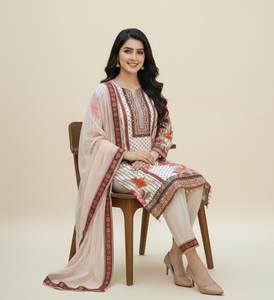 Ensemble en mousseline de coton pur de qualité supérieure, taille grande, traditionnel, lilas, broderie à la main, véritable travail de miroir, dentelle fantaisie, pour les fêtes - Product Image 1